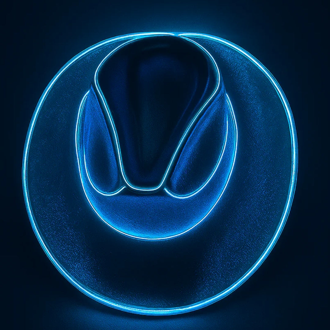 Blue LED cowboy hat glowing at a dance party