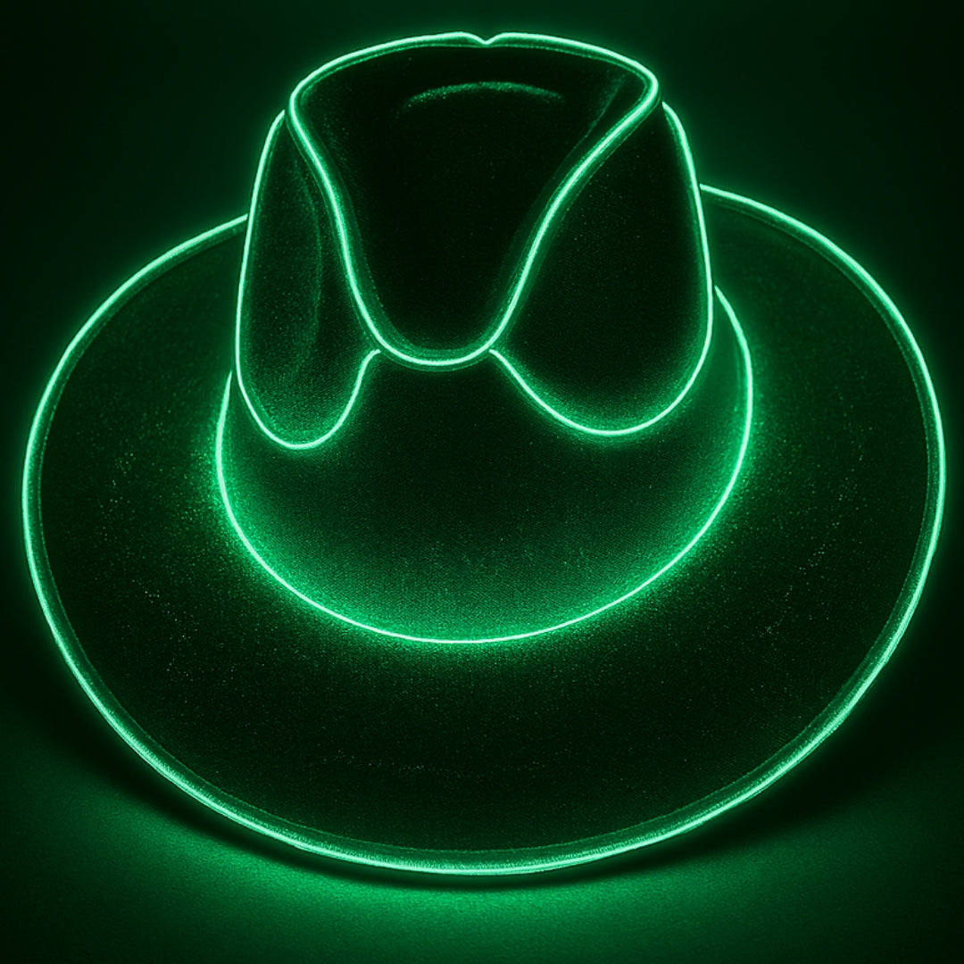 Green LED cowboy hat shining at a St. Patrick’s Day celebration, suitable for parties.
