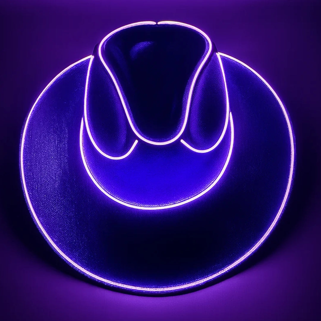 Purple LED cowgirl hat with luminous line and EVA material for comfortable wear at evening events.