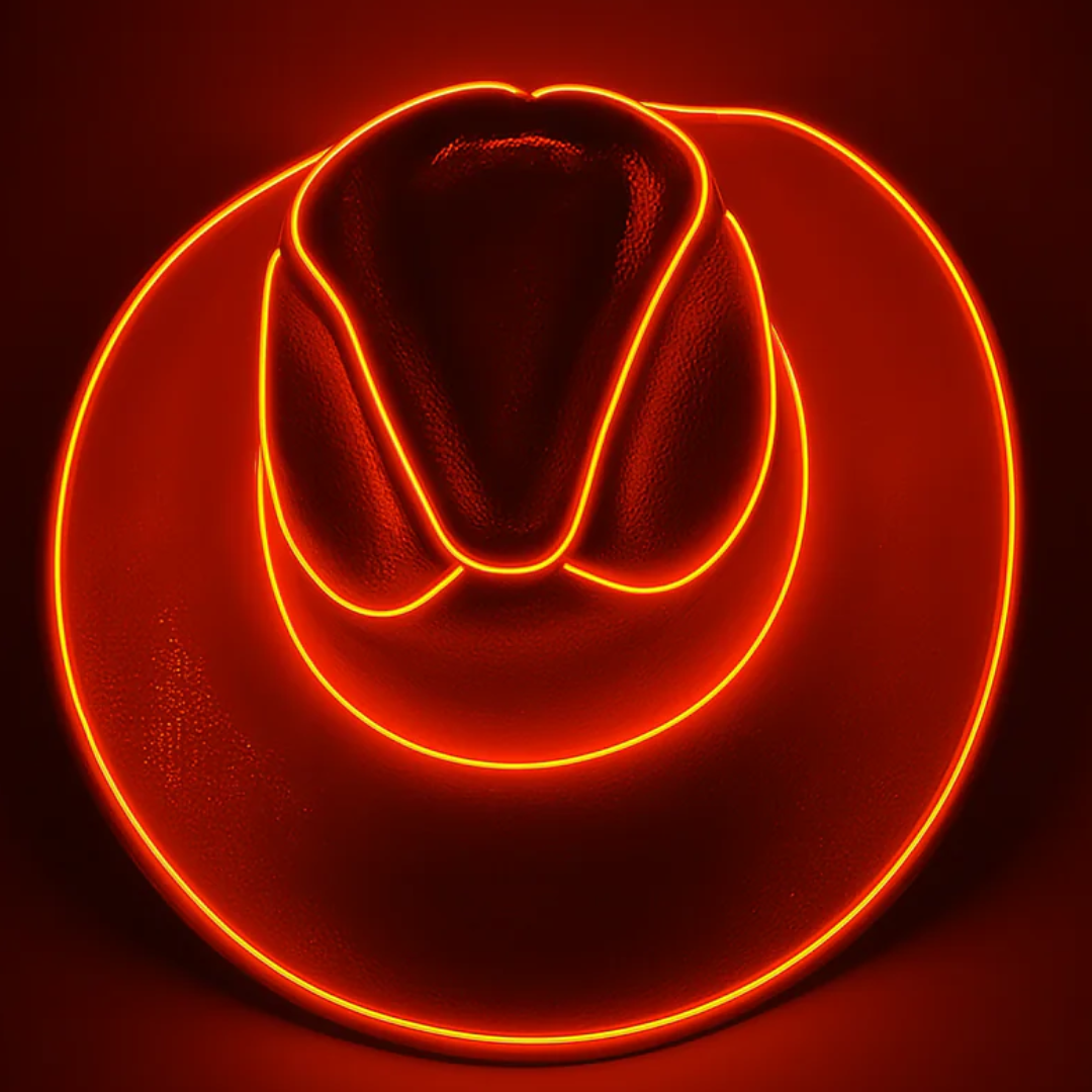 Red neon cowgirl hat with LED lights, ideal for festival costumes and bachelorette party outfits.