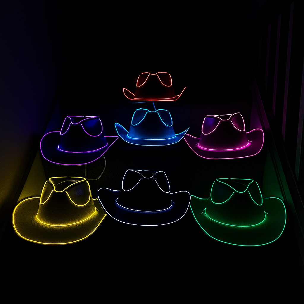 LED neon cowboy hat with bright lights, durable EVA and battery included for long‑lasting shine.