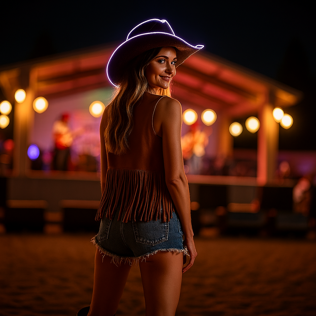 Woman wearing a neon cowboy hat 